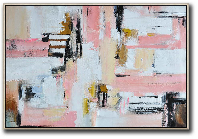 Original Abstract Painting Extra Large Canvas Art,Oversized Horizontal Contemporary Art,Huge Abstract Canvas Art,White,Pink,Light Yellow,Black,Brown.etc